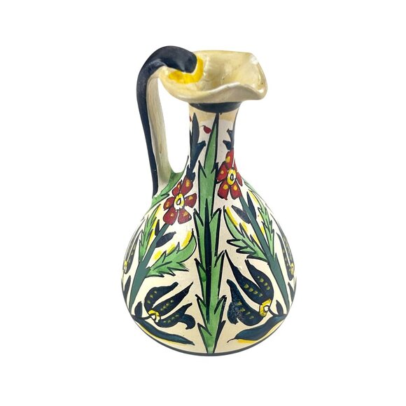 Handmade Greek Ceramic Pitcher With Floral Design Multicolor 7" Tall Signed Numb - Picture 2 of 7